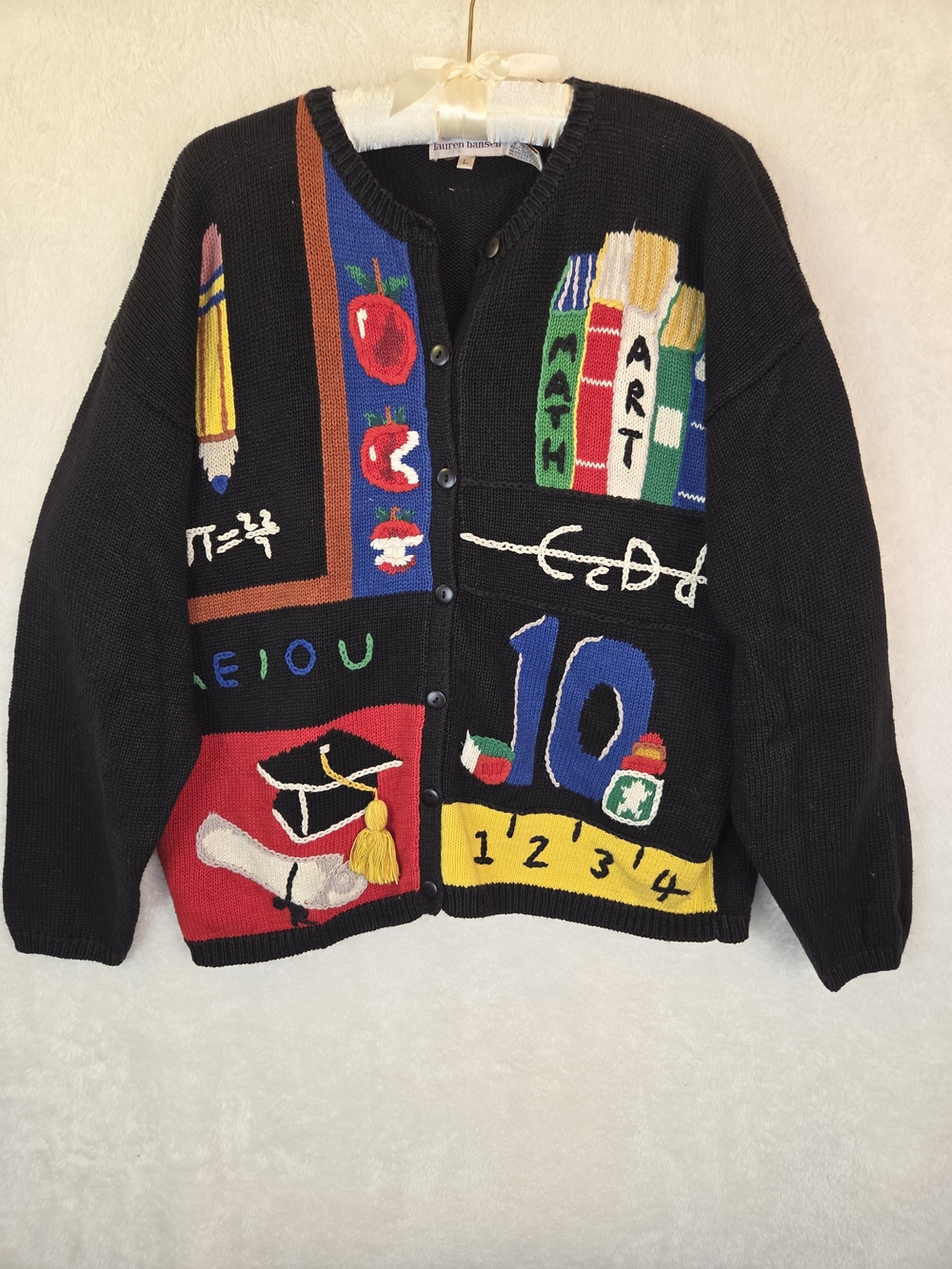 Vtg 90's Lauren Hansen Teacher School Cardigan Sweater Patchwork Novelty Knit